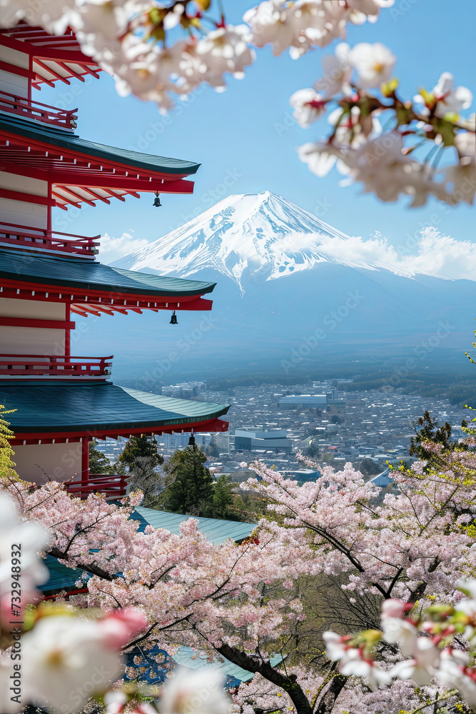 Fototapeta premium Spring scenery in Fujiyoshida, Japan with Mt. Fuji and the Peace Pagoda
