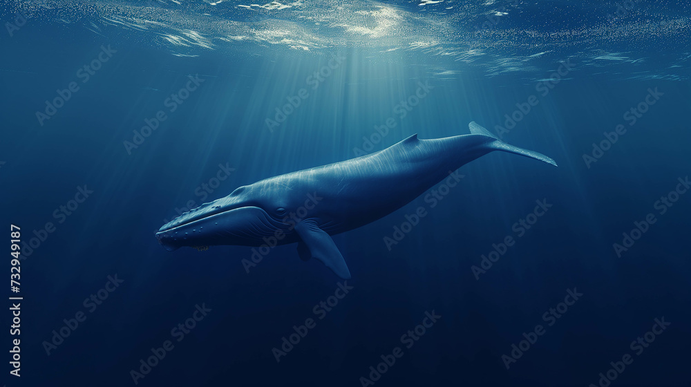 A large whale swimming underwater in the ocean. A large whale swimming underwater in the ocean.