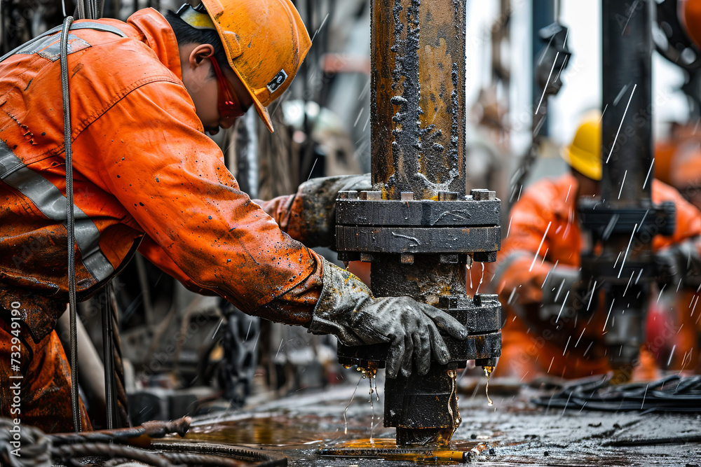 A team of workers at an oil drilling site A team of workers at an oil drilling site