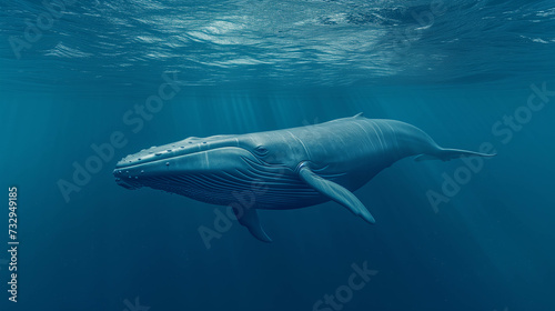 A large whale swimming underwater in the ocean. © Gun