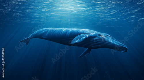 A large whale swimming underwater in the ocean. © Gun