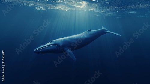 A large whale swimming underwater in the ocean.