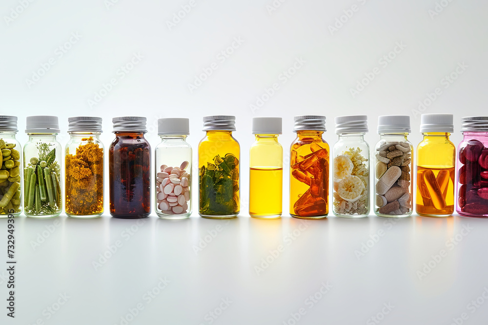 A row of glass containers filled with various medicinal solutions on a white backdrop A row of glass containers filled with various medicinal solutions on a white backdrop