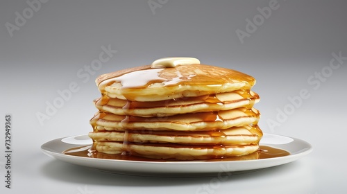 Stack of tasty pancakes with butter on a plate isolated on grey background