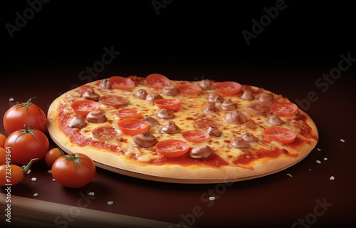 Fresh pizza with tomatoes, cheese, onions and sausage on wooden table closeup