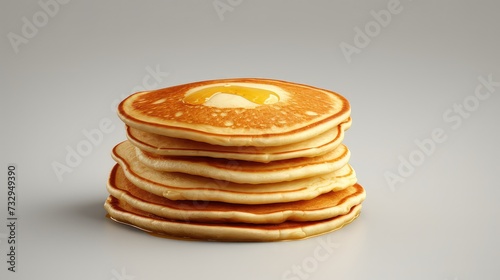 Stack of pancakes with egg yolk isolated on white background.