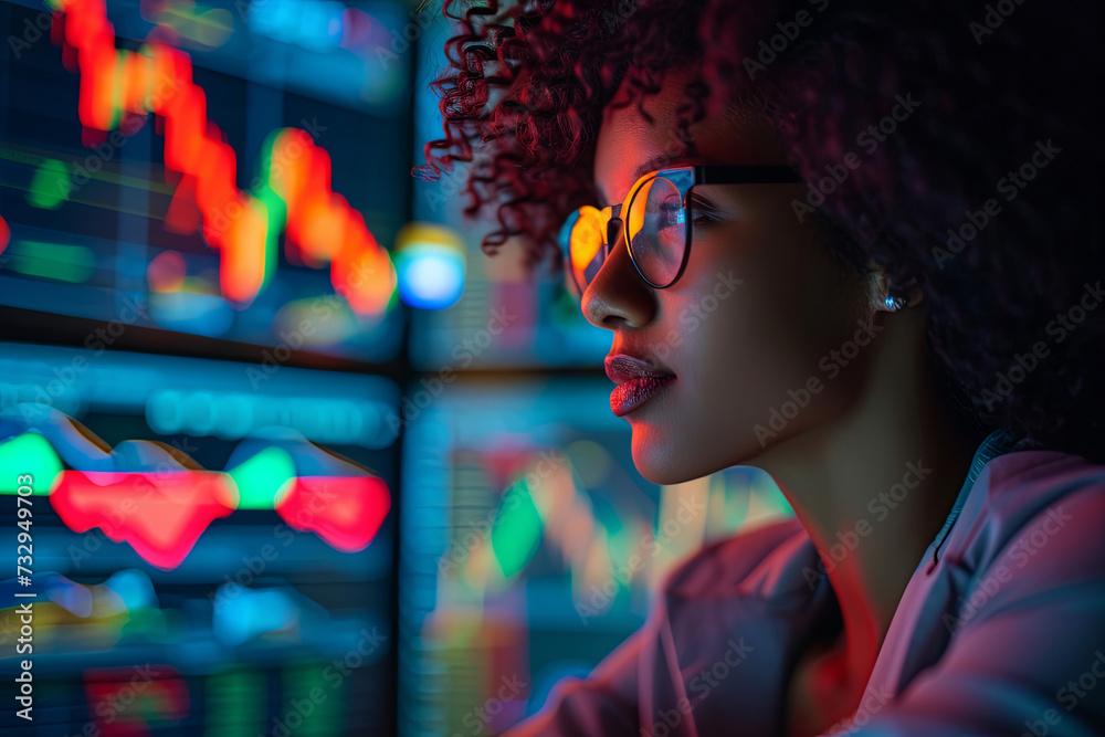 A woman monitoring the stock market index A woman monitoring the stock market index