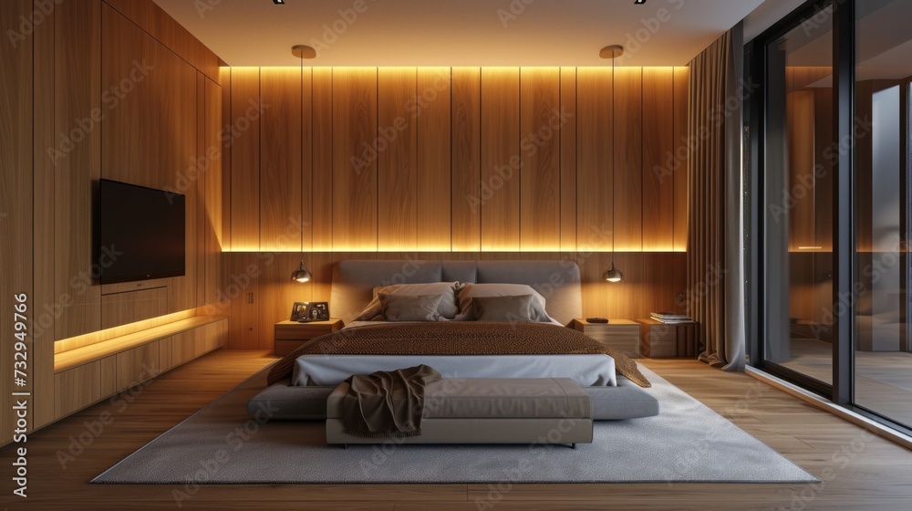 Soft Textured Comforts in Modern Bedroom with Ambient Backlit Panels Soft Textured Comforts in Modern Bedroom with Ambient Backlit Panels