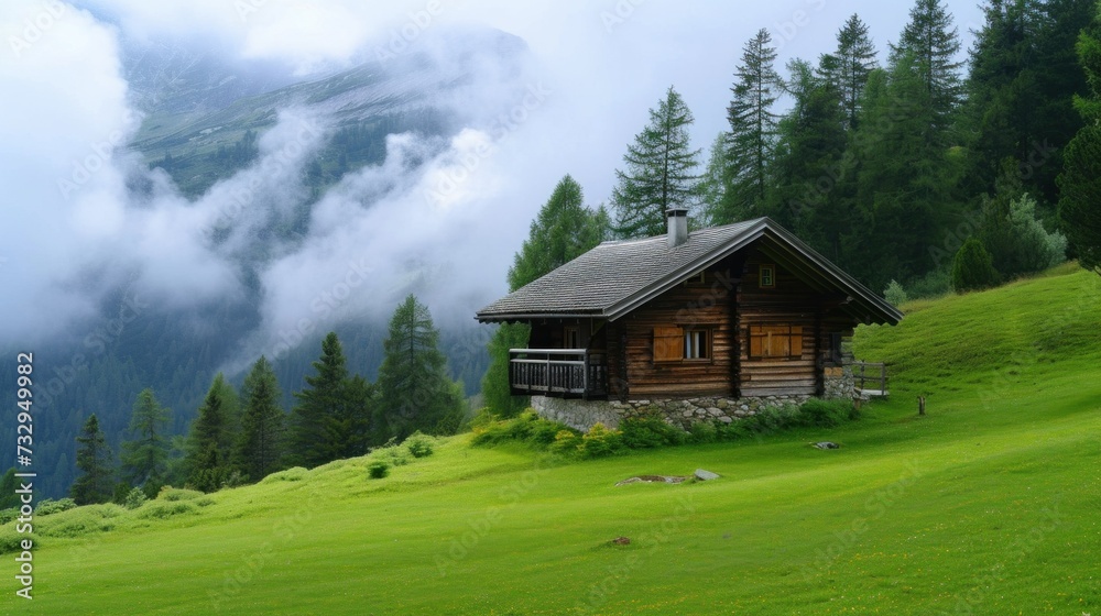old wooden hut cabin in mountain alps at rural fall landscape