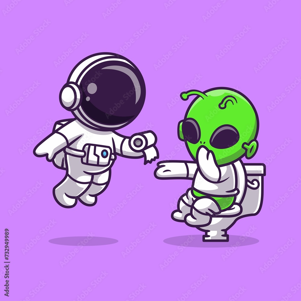 Cute Astronaut Giving Tissue Alien Toilet Cartoon Vector Icon Illustration Science Technology