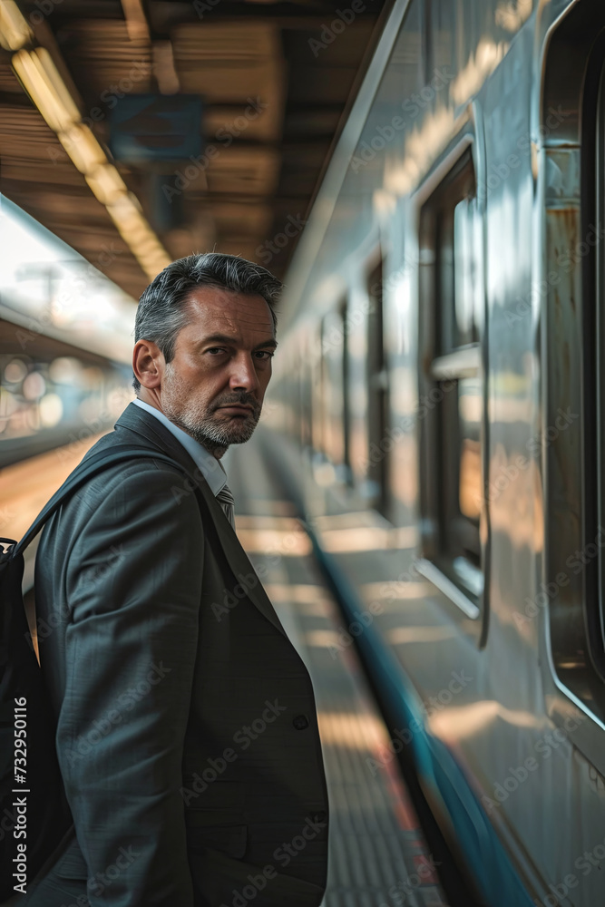 A businessman commuting by train A businessman commuting by train
