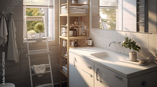 A smartly designed small bathroom with a wall-mounted sink and built-in storage solutions