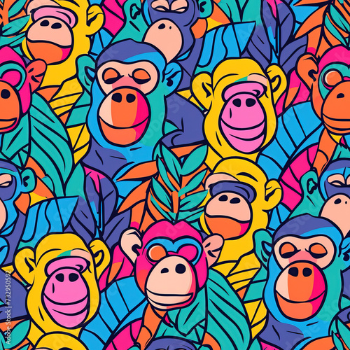 Monkey line art pop art cartoon colorful repeat pattern  vibrant bright party funky kawaii