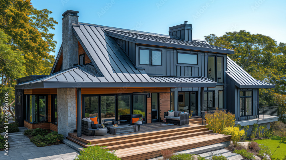 Fototapeta premium corrugated metal roof installed in a modern house. Corrugated metal roof Modern roof made of metal Metal sheet roof,generative ai