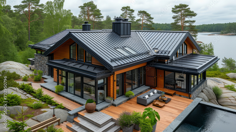 corrugated metal roof installed in a modern house. Corrugated metal roof Modern roof made of metal Metal sheet roof,generative ai