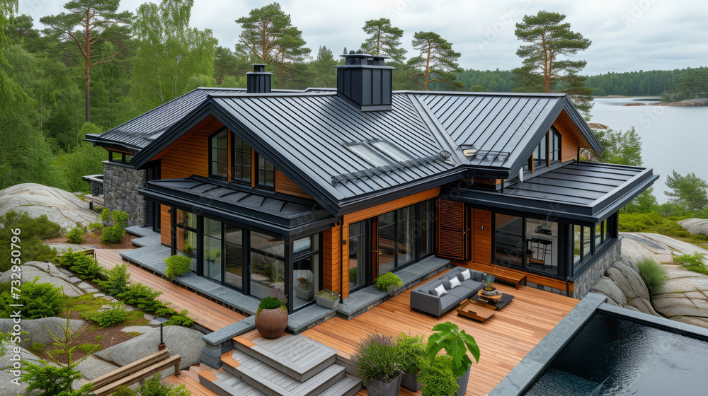 corrugated metal roof installed in a modern house. Corrugated metal roof Modern roof made of metal Metal sheet roof,generative ai corrugated metal roof installed in a modern house. Corrugated metal roof Modern roof made of metal Metal sheet roof,generative ai