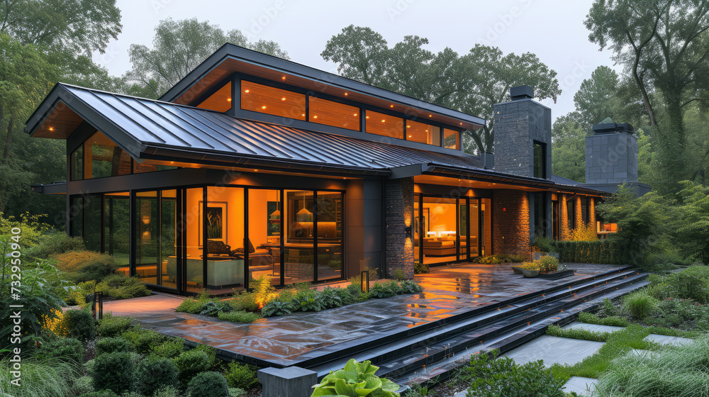 corrugated metal roof installed in a modern house. Corrugated metal roof Modern roof made of metal Metal sheet roof,generative ai - obrazy, fototapety, plakaty 