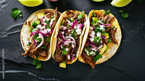 Mexican tacos with beef, onion and cilantro on dark wooden background