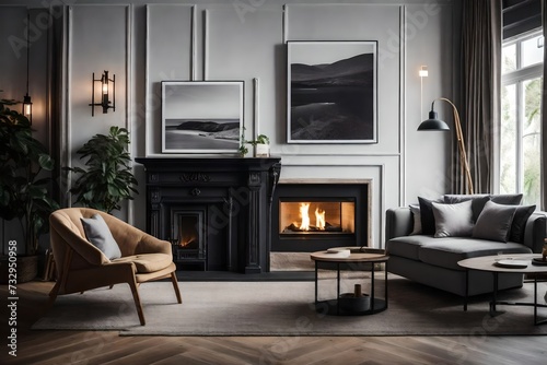 A cozy living room with a fireplace, where the wall mockup exhibits a series of black and white photographs in various sizes, capturing moments of everyday life. © Hafsa