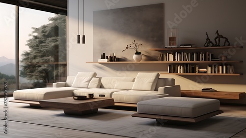 A sleek and stylish living space with a low-profile sofa and a series of floating shelves