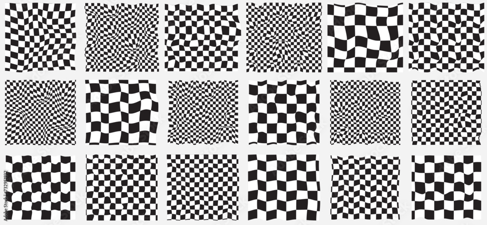 Trendy checkered pattern, black and white distorted tiled grid. Wavy curved backdrop, distortion effect. Funky geometric chessboard texture, retro background in 90s style, y2k. Vector illustration Trendy checkered pattern, black and white distorted tiled grid. Wavy curved backdrop, distortion effect. Funky geometric chessboard texture, retro background in 90s style, y2k. Vector illustration