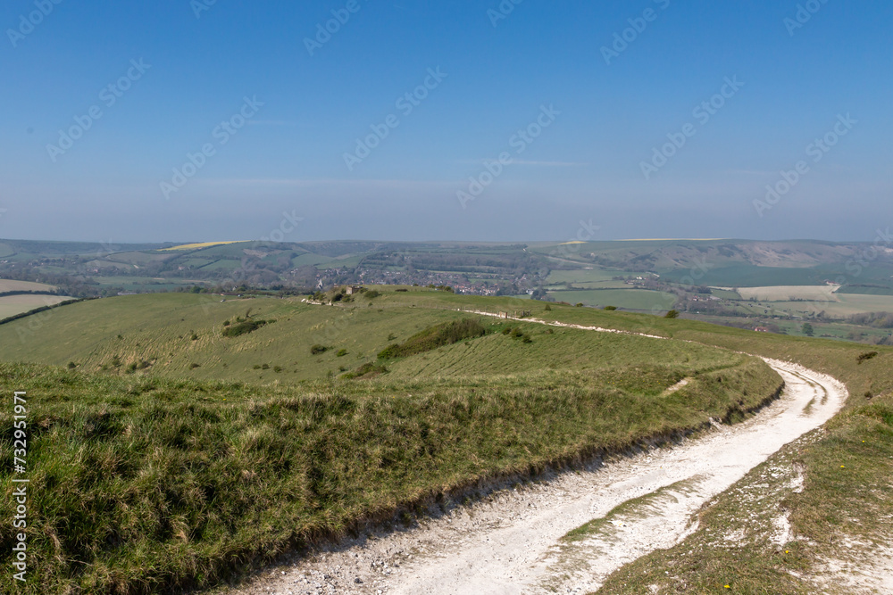 A view along a chalk path in Sussex, on a sunny April day