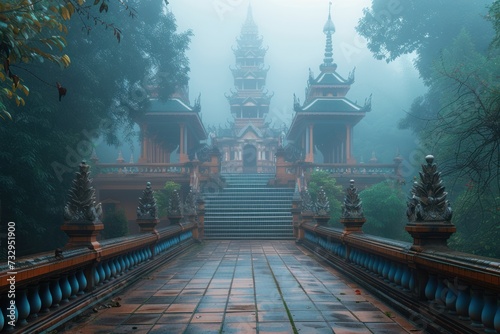 wallpeper design Phumanorom Temple, Mukdahan Province, in the mist. photo