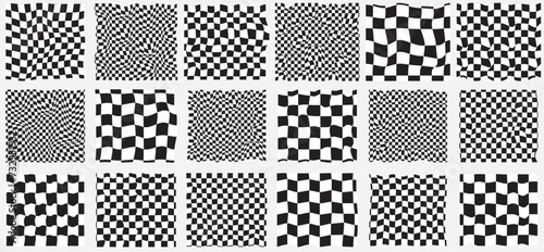 Trendy checkered pattern, black and white distorted tiled grid. Wavy curved backdrop, distortion effect. Funky geometric chessboard texture, retro background in 90s style, y2k. Vector illustration  photo