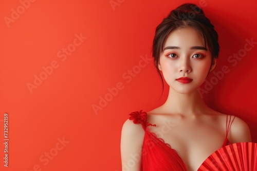 minimalist design background Asian girl wearing a red dress holding a fan on Chinese New Year's Day,copy space.