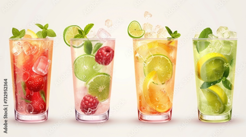 Set of multicolored summer drinks. Mojito, lemonade, berry, strawberry lemonade or cocktail with iced - generative ai Set of multicolored summer drinks. Mojito, lemonade, berry, strawberry lemonade or cocktail with iced - generative ai