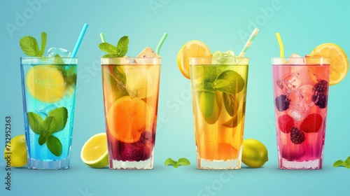 Set of multicolored summer drinks. Mojito  lemonade  berry  strawberry lemonade or cocktail with iced - generative ai