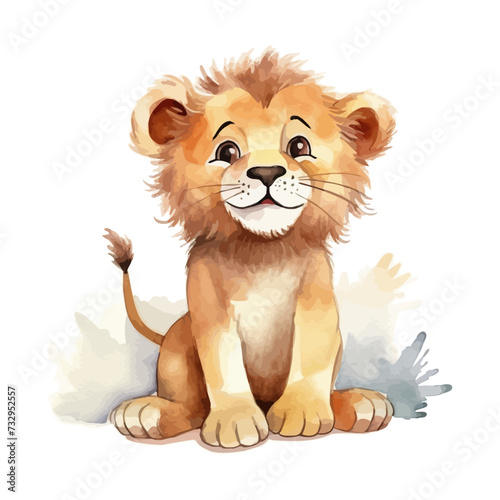 Cute Lion cartoon happy in watercolor painting style
