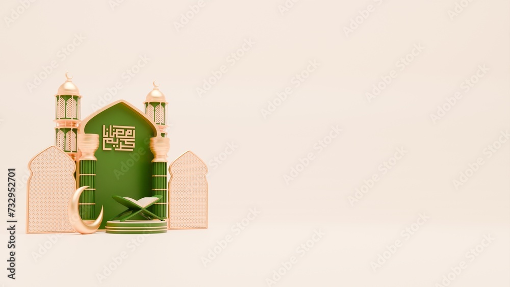3D Render Ramadan Background with mosque, quran, pillar and islamic ornaments for banner template