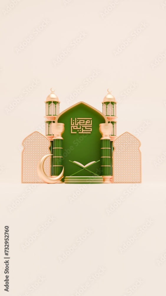 3D Render Ramadan Background with mosque, quran, pillar and islamic ornaments for social media story template
