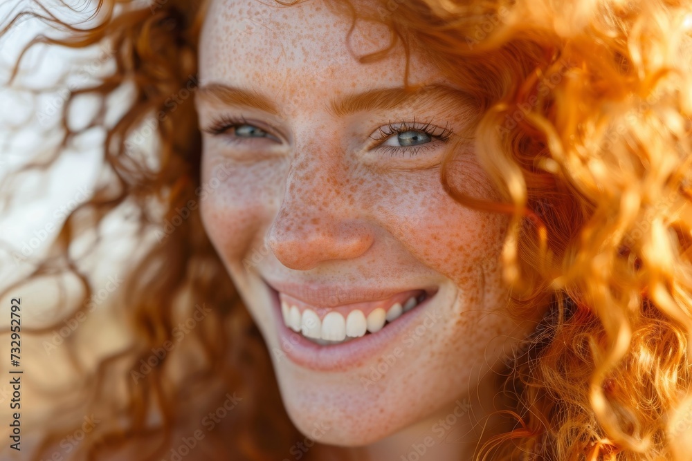 Sunlit freckles and auburn curls, a portrait of joy in the golden hour's embrace.

