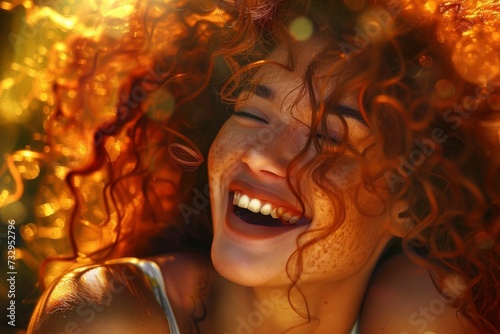 Joy incarnate, a radiant smile beneath a cascade of golden curls in a warm, sunlit glow.

