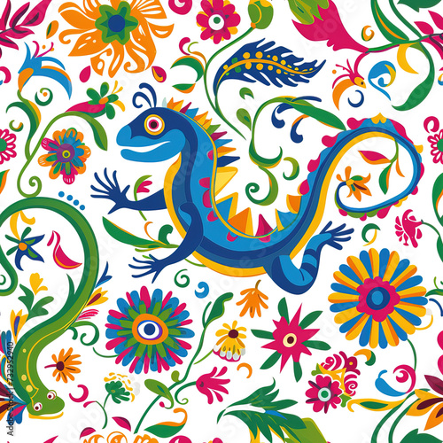 Mexican lizards folk floral repeat pattern