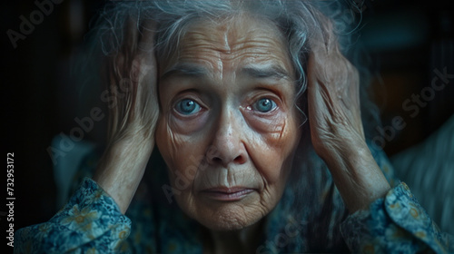 Senior woman with depression sitting with her head in her hands at home ,generative ai