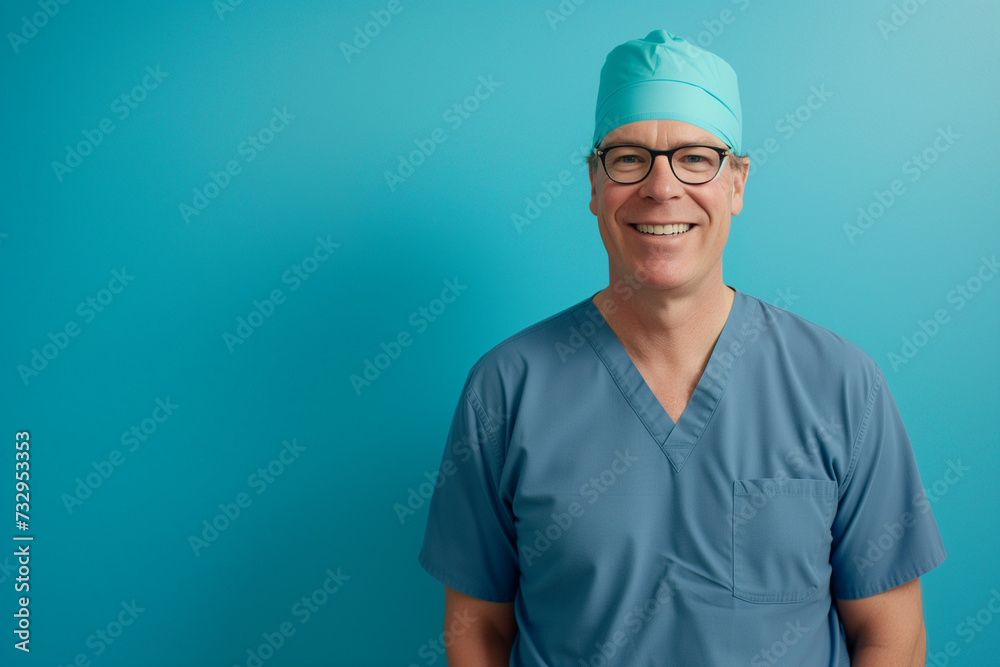 Surgeon in front of blue background with room for copy 