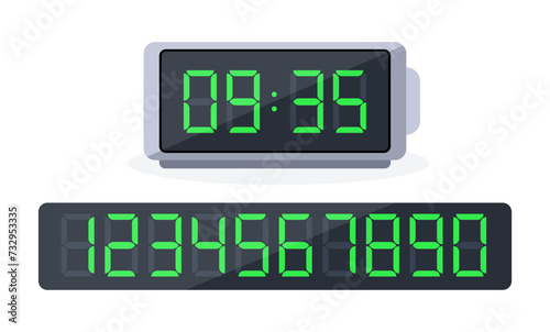 Digital clock and set of glowing numbers. Alarm clock. Countdown timer, hours and minutes. LED watch screen. Vector illustration
