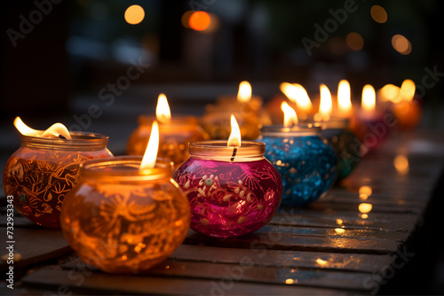Colorful lamps burning outside the house for Diwali decoration