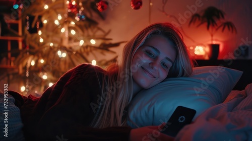 Girl with mobile phone on bed at night