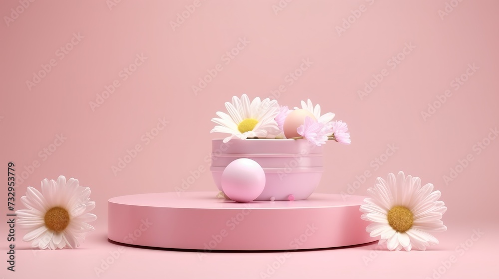 Happy easter pink pedestal product display stand or podium with gift box and cute easter egg and flower on pastel pink background 3D rendering, generative ai, Happy easter pink pedestal product display stand or podium with gift box and cute easter egg and flower on pastel pink background 3D rendering, generative ai,