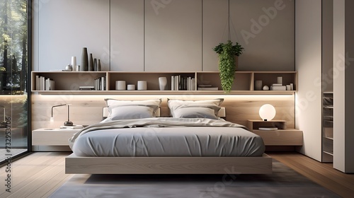 A serene bedroom with a headboard that contains hidden storage compartments © Wardx