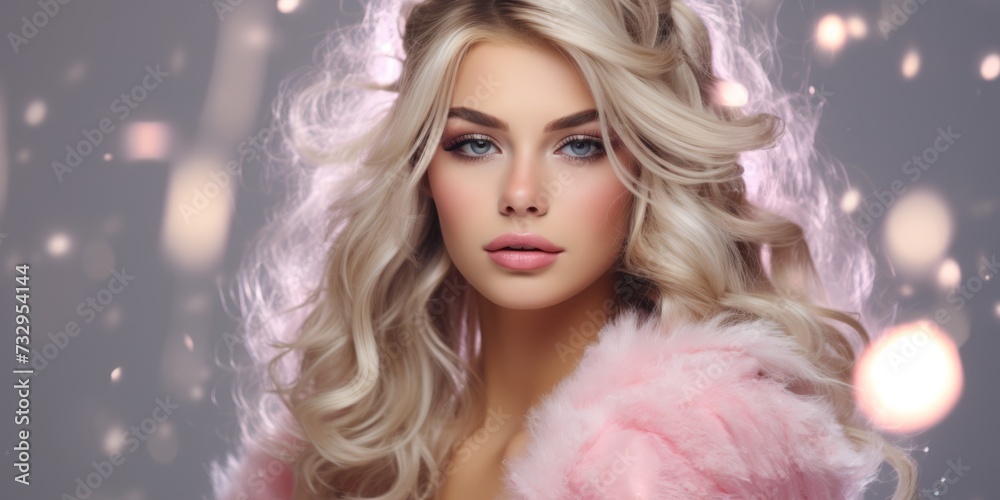 Portrait of beautiful blonde woman with makeup and pink fur coat.