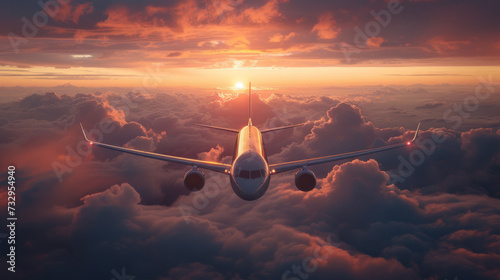 Commercial airplane flying above dramatic clouds during sunset,generative ai