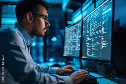 Cybersecurity professional working on a computer