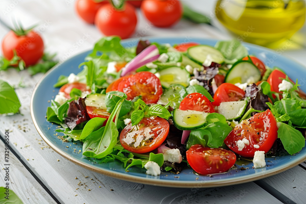 Salad composed of tomatoes, greens, dressing, oil, and feta cheese on a blue plate against a white wooden backdrop