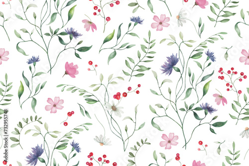 Seamless watercolor pattern. Hand drawn floral illustration isolated on white background. Vector EPS.