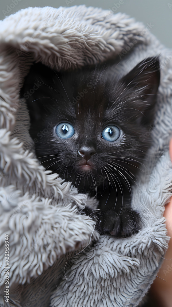 a cute black kitten under a blanket